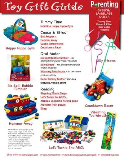 Toy Gift Guide including Tummy Time, Cause & Effect, Oral Motor, Reading, and ABC toys.