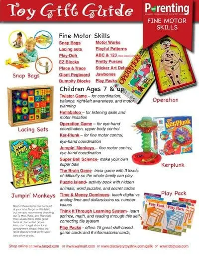 Toy Gift Guide for Fine Motor Skills featuring Snap Bags, Lacing Sets, Operation, Kerplunk, and Jumpin' Monkeys.