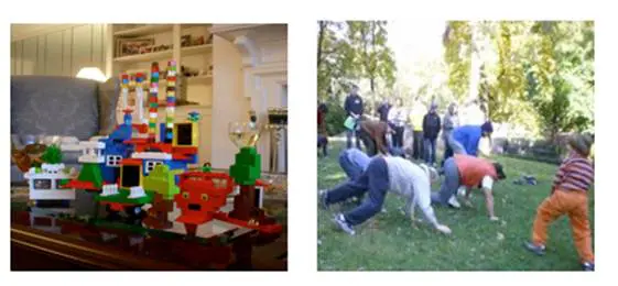 Lego structures on a table and a group of people in a field.