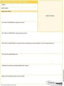 Getting to Know My Child" form with sections for child's photo, diagnosis, strengths, challenges, and interests.