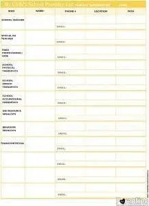 PSN Child's School Provider List form with columns for service, name, phone, location, and notes.