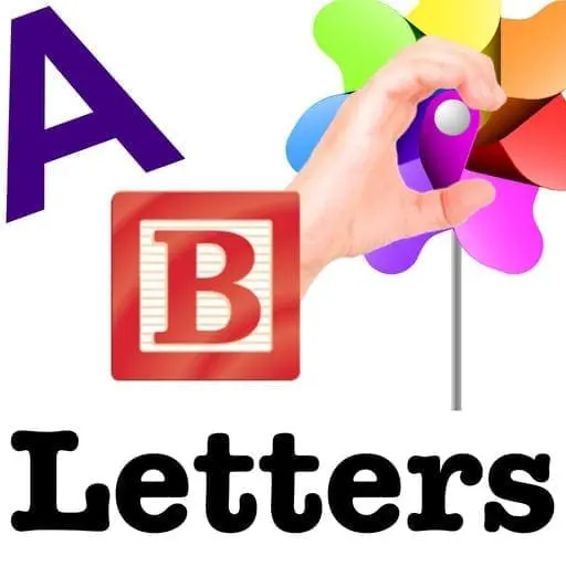 The letters A and B and a pinwheel toy with the word "Letters" below.