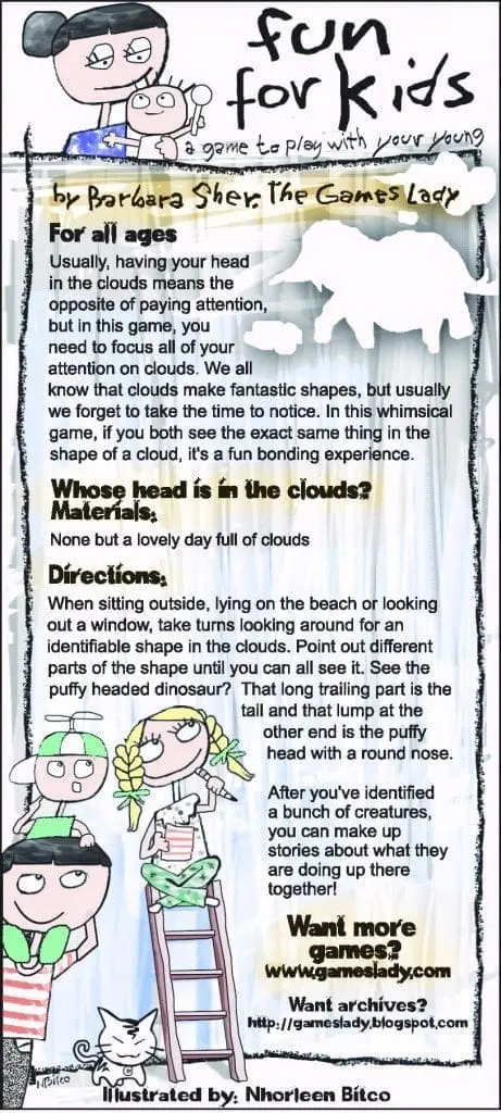Children look at clouds and an elephant-shaped cloud formation.