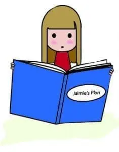 A cartoon girl with blonde hair reads a blue book labeled "Jaimie's Plan.