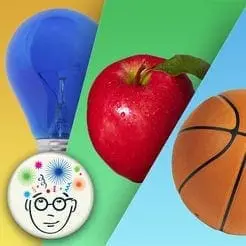 Blue lightbulb, red apple, and basketball in a collage.