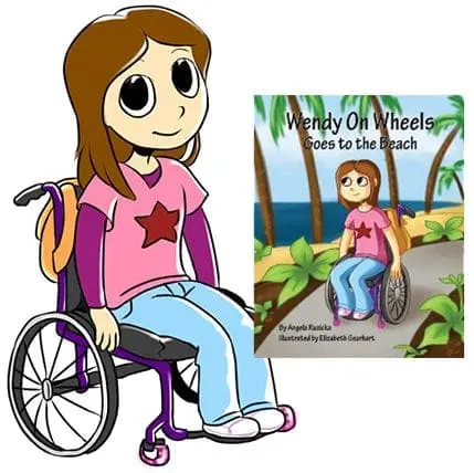Illustration of a girl in a wheelchair next to the cover of the book "Wendy On Wheels Goes to the Beach.