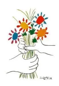 Pablo Picasso's drawing of hands holding a bouquet of colorful flowers.
