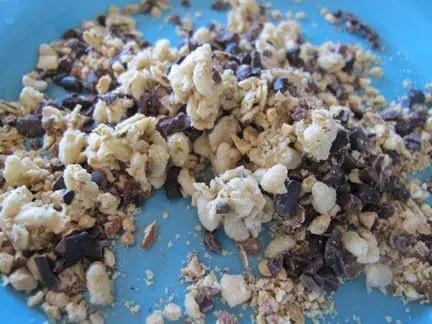 Cereal and chocolate chips are mixed together in a blue bowl.