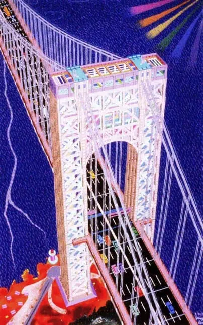 Jessica Park's painting of a white suspension bridge with a colorful, abstract sky.
