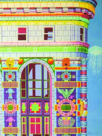 Colorful pop art rendering of a building with intricate architectural details and patterns.