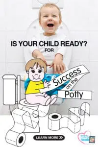 A smiling child sits on a toilet with an illustration of a child and toilet paper rolls around them.