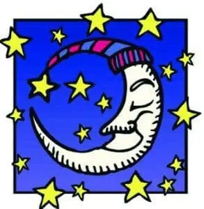 Crescent moon wearing a hat and surrounded by stars on a blue background.