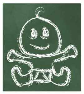 Chalk drawing of a baby on a green chalkboard.