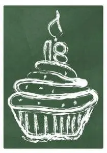 Cupcake with the number 18 and a lit candle on top.