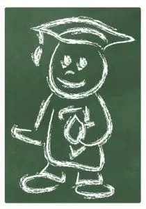 Chalk drawing of a cartoon figure in a graduation cap.