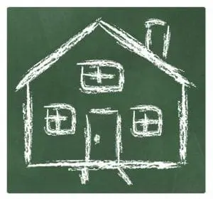 Chalk drawing of a house on a green chalkboard