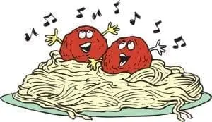 Two cartoon meatballs singing on a plate of spaghetti.