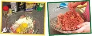 Meat mixture with eggs and cheese in a bowl, and hands mixing meatball ingredients.