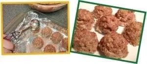Turkey meatballs being scooped onto a baking sheet and raw turkey meatballs on a plate.