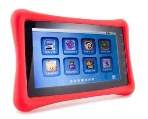 Tablet with a red bumper case displaying various app icons.