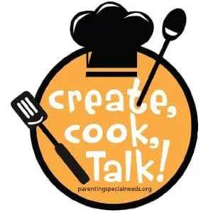 Create, cook, talk! logo with chef hat and kitchen utensils.