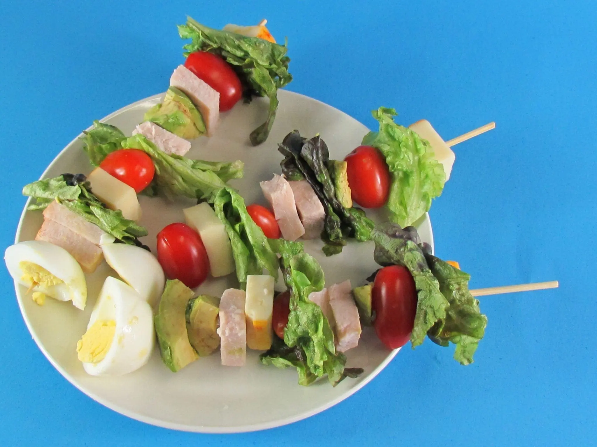 Kiddie Cobb on a Stick with ingredients on skewers.