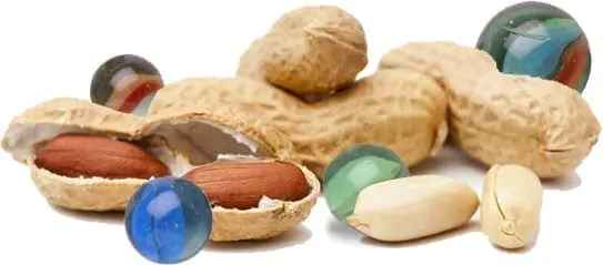 Peanuts in shells and shelled peanuts with marbles.