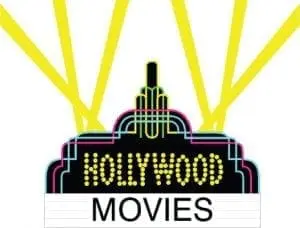 Hollywood Movies sign with spotlights