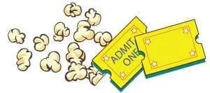 Popcorn and two yellow admit one tickets