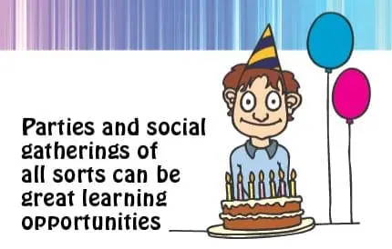 Cartoon of a child wearing a party hat with a birthday cake and balloons.