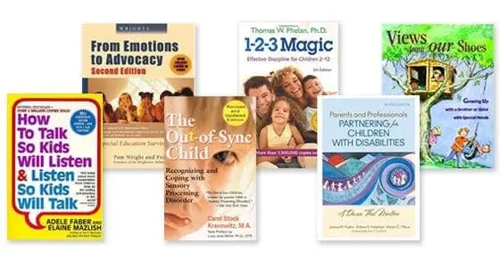 Several books on special education and parenting, including "How to Talk so Kids Will Listen," "From Emotions to Advocacy," and "1-2-3 Magic.