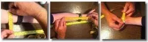 Hands measure a person's arm with a yellow measuring tape.