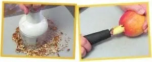 Chopping nuts with a white chopper and coring an apple with a black apple corer.