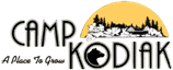 Logo for Camp Kodiak, featuring the text "CAMP KODIAK" and "A Place To Grow", with a bear silhouette and a sunlit forest landscape.
