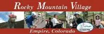 Banner for Rocky Mountain Village in Empire, Colorado, with multiple small images of people engaged in activities.