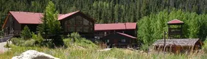 Buildings with red roofs are nestled against a forest and tall grasses.