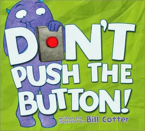 A purple monster holds a book with a red button that says "DON'T PUSH THE BUTTON!
