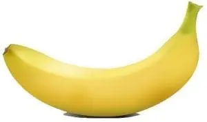 A yellow banana with a green stem against a white background.