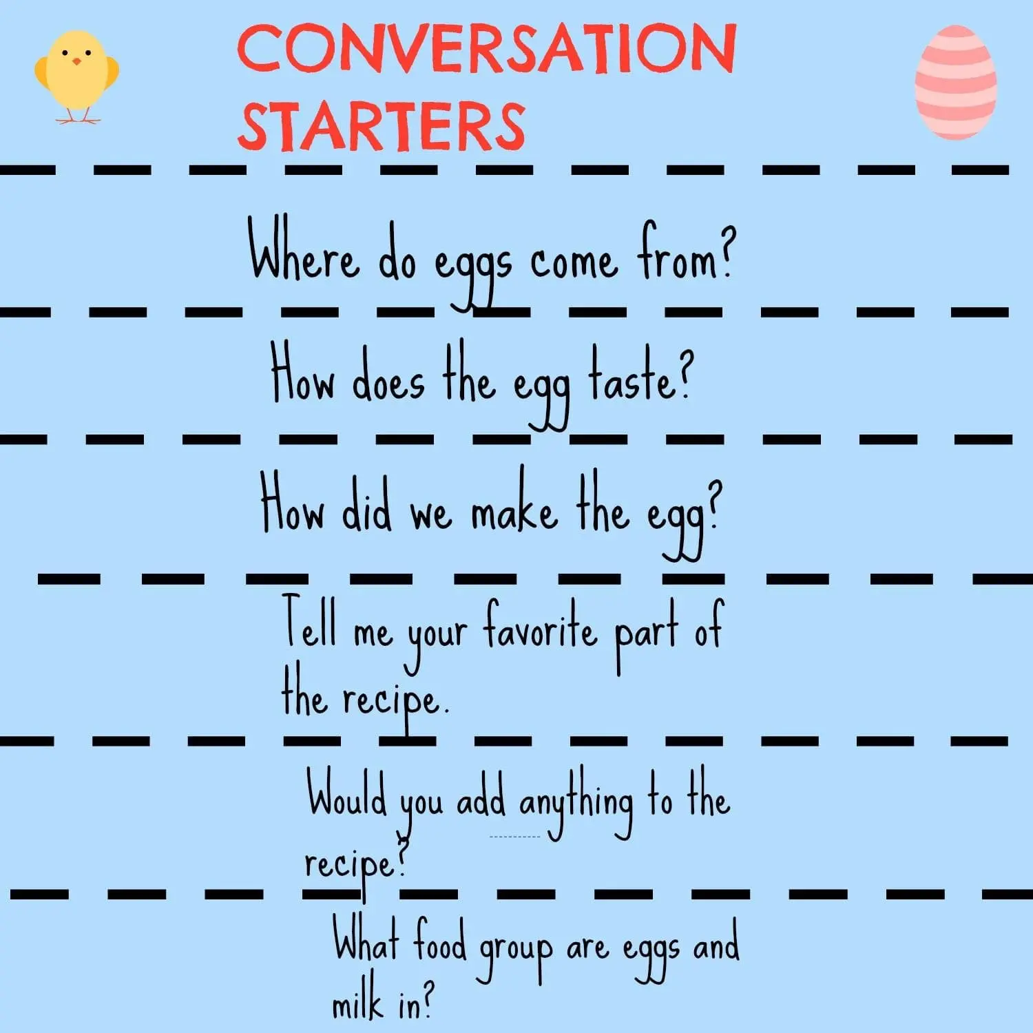Conversation starters about eggs and recipes.