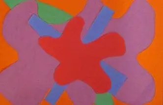 A collage of colorful paper shapes resembles a stylized flower.