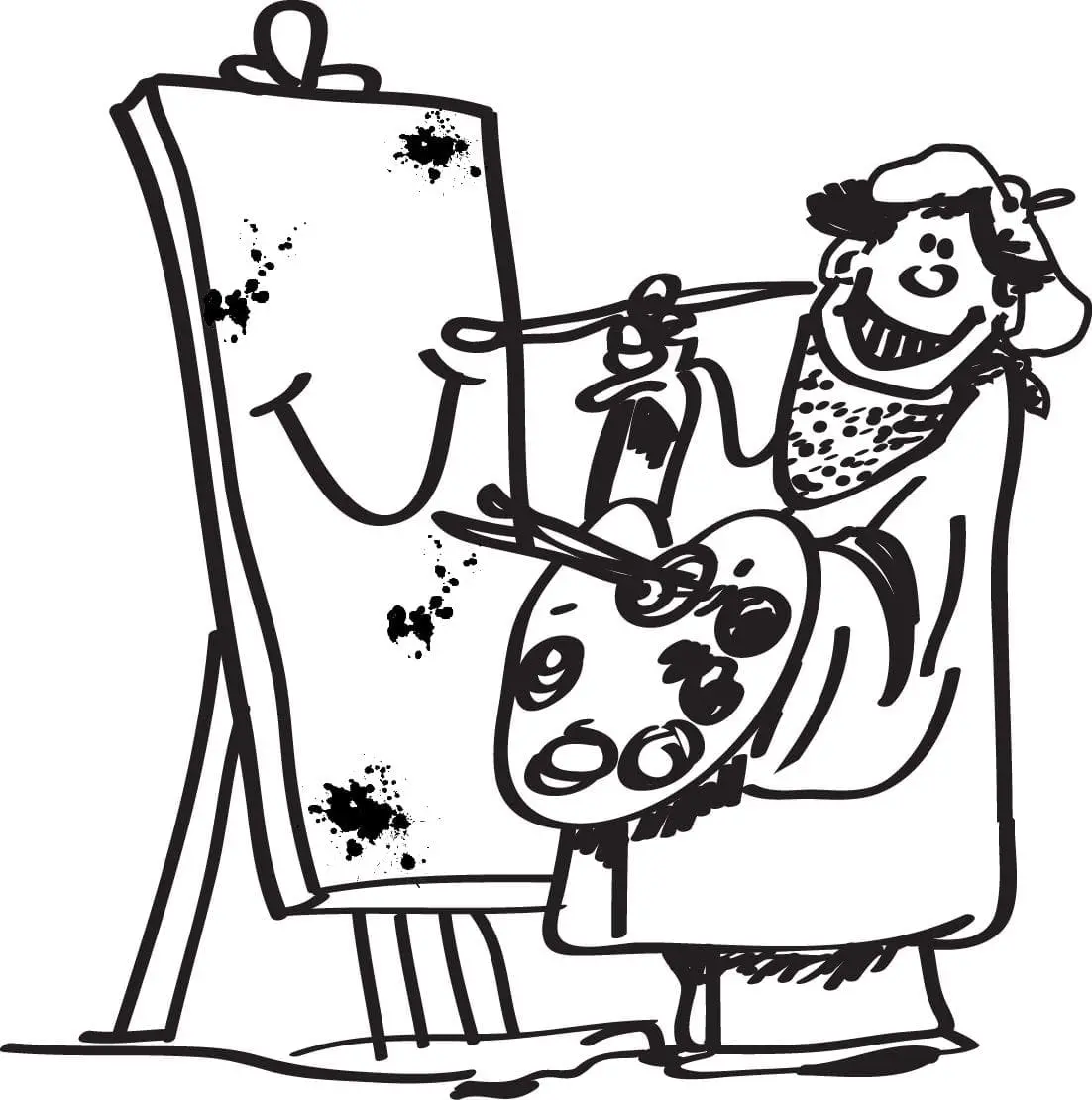 Artist painting on an easel with a palette and brush.