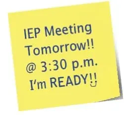 Yellow sticky note reminding of an IEP meeting tomorrow at 3:30 p.m. with "I'm READY!!" and a smiley face.