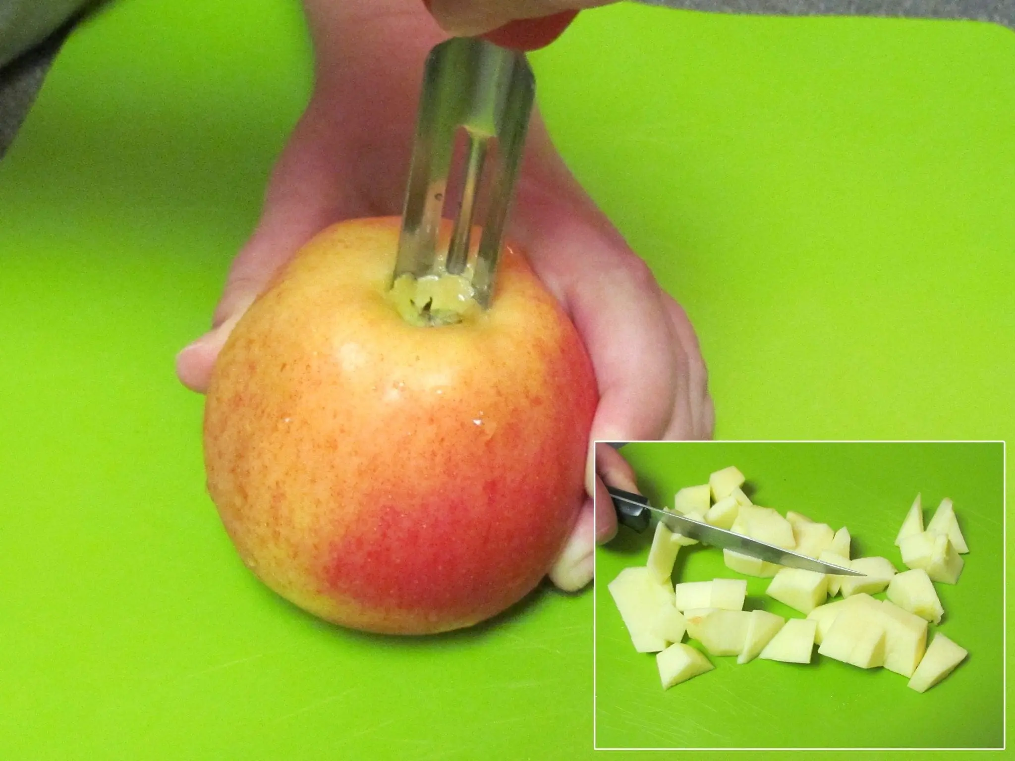 A hand uses an apple corer on a red and yellow apple, with an inset image of diced apple pieces.