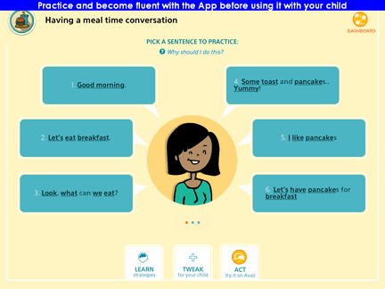 Screenshot of a communication app interface showing a child avatar surrounded by six sentence practice options for mealtime conversation.