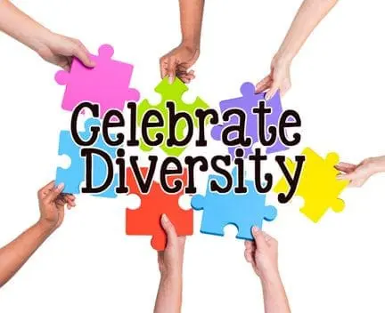 Hands assemble colorful puzzle pieces that form the words "Celebrate Diversity.