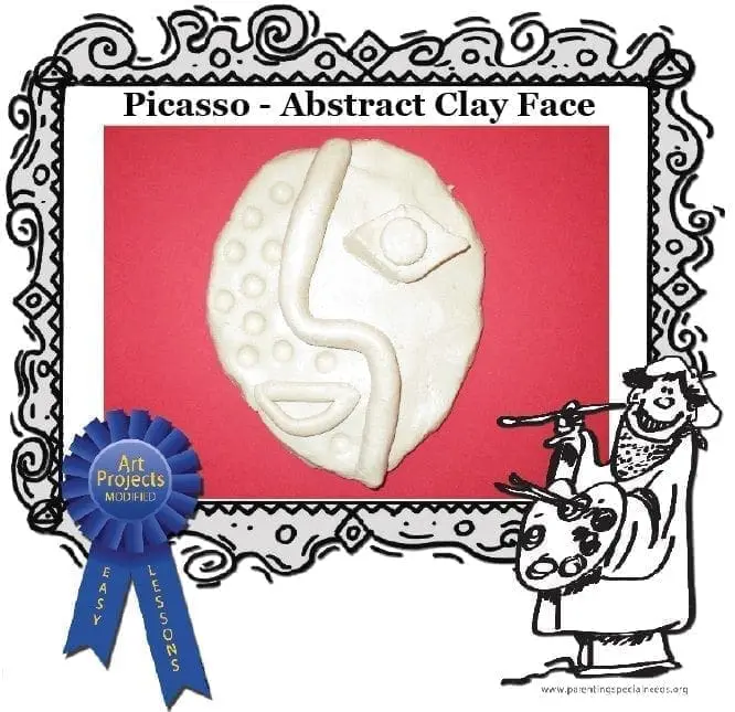 Clay face artwork in a Picasso abstract style with decorative border and artist icon