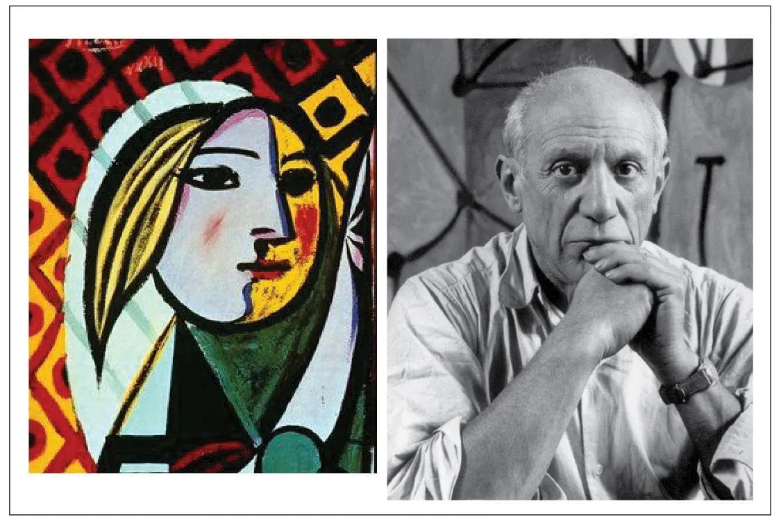 A painting in the style of Picasso is shown next to a black and white portrait of Pablo Picasso.