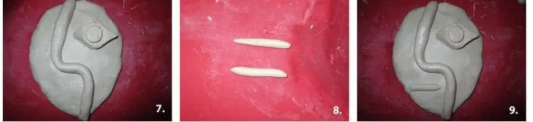 Clay pieces are cut into triangles and two clay tubes are formed.