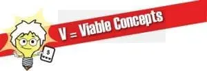 Cartoon lightbulb character holding a tablet with text "V = Viable Concepts.