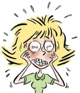 A cartoon woman with wide eyes and clenched teeth looks overwhelmed.